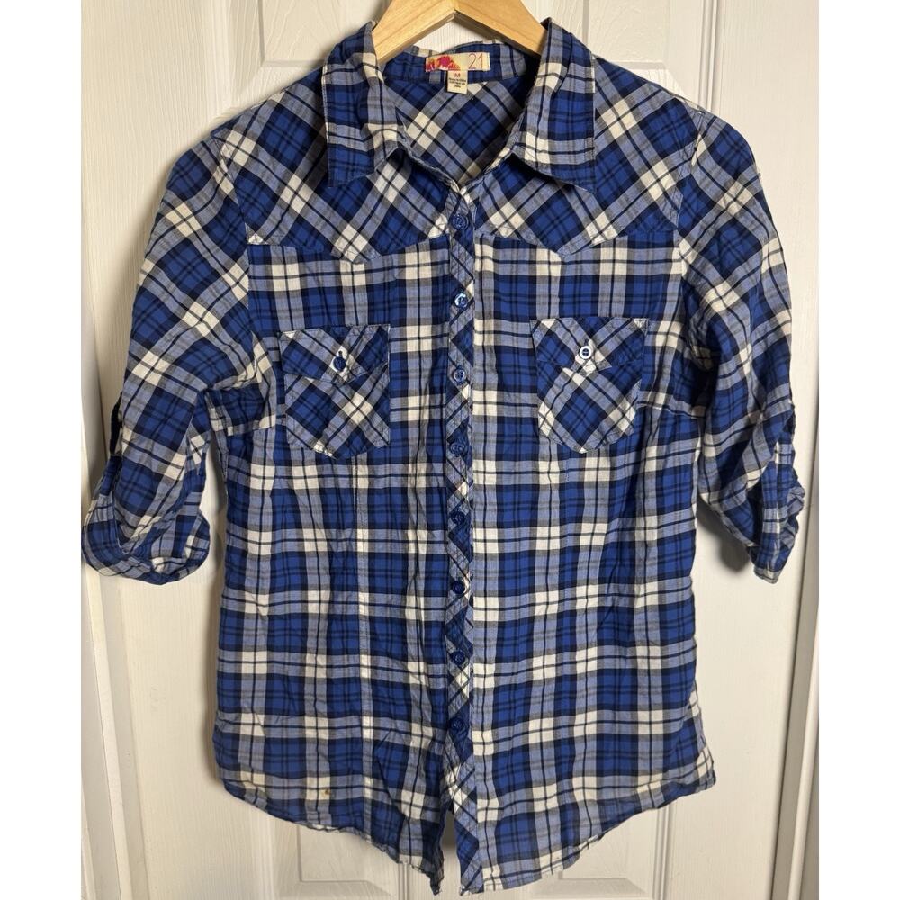 Forever 21 Vintage Women’s Button-Up Plaid Shirt, Blue, White, Black, Medium